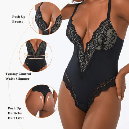 Furniche Éclat – Lace-Trimmed Deep V Backless Body Shaper with Tummy Compression Fit