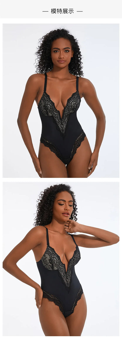 Furniche Éclat – Lace-Trimmed Deep V Backless Body Shaper with Tummy Compression Fit