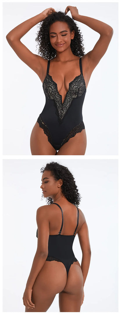 Furniche Éclat – Lace-Trimmed Deep V Backless Body Shaper with Tummy Compression Fit