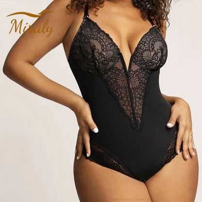 Furniche Éclat – Lace-Trimmed Deep V Backless Body Shaper with Tummy Compression Fit